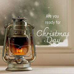 Composite of are you ready for christmas day text and vintage lamp on table at home, copy space