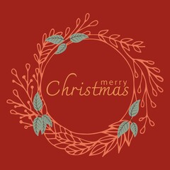 Illustration of wreath and merry christmas text on red background, copy space
