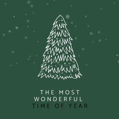 Illustration of christmas tree and snowflakes with the most wonderful time of year text, copy space