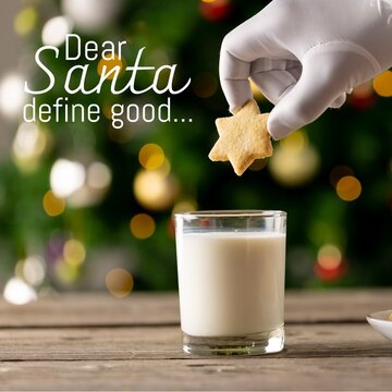 Naklejki Composite of white hand dipping star shaped cookie in milk glass and dear santa define good text
