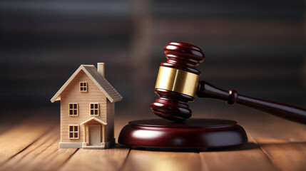 Concept of real estate auction, legal system and property division after divorce. Gavel and house model on a wooden background.