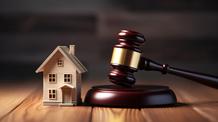 Concept of real estate auction, legal system and property division after divorce. Gavel and house model on a wooden background.