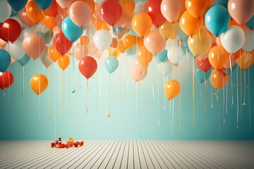 Retro celebration with vibrant balloons hovering above. Generative AI - obrazy, fototapety, plakaty