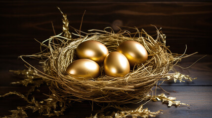 Obraz premium Golden egg in a nest on wooden table.