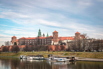 Wawel hill with historical royal castle building in Krakow