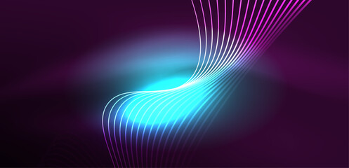 Naklejka premium Shiny glowing neon wave. Neon light or laser show, electric impulse, power lines, techno quantum energy impulse, magic glowing dynamic lines