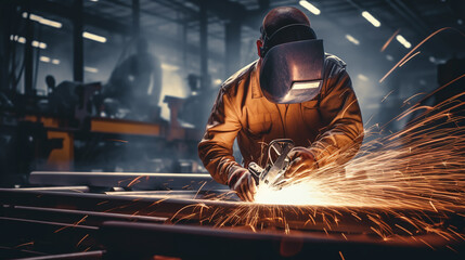 Professional welder in a factory. Heavy industry engineering.