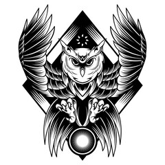 Owl black and white drawing vector illustration