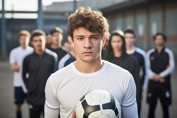 Fototapeta premium The portrait of a teenage male soccer player standing under sunlight at a football field stadium, Generative AI.