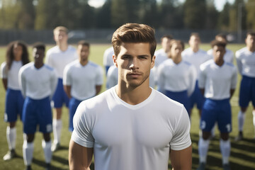 The portrait of a teenage male soccer player standing under sunlight at a football field stadium, Generative AI.