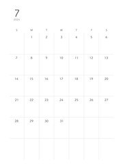 2024年7月July シンプルカレンダー 祝日表記なし - obrazy, fototapety, plakaty