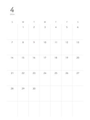 2024年4月April　シンプルカレンダー 祝日表記なし - obrazy, fototapety, plakaty