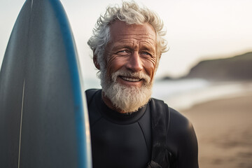 A portrait of an old man surfer in a modern  full body swimsuit with a surfboard standing at the beach in a daytime, Generative AI.
