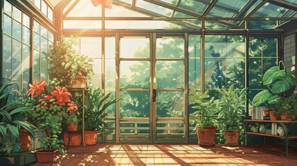 Anime style illustration of a beautiful sunroom full of houseplants