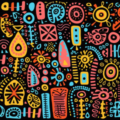 African tapestry quirky doodle pattern, background, cartoon, vector, whimsical Illustration