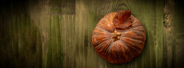 Pumpkin on Dry Leaves of Various Trees on Wooden Background. Autumn, Halloween, Thanksgiving or Ecological Template Wallpaper.
