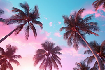 Fototapeta na wymiar Coconut Palm Tropical Trees Background in Blue Pink Sunset Colors - Vintage Style Tropical Beach and Summer Background, High Angle Shot of Exotic Paradise with Palm Tree Silhouettes
