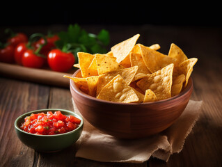 Mexican nacho chips and salsa dip sauce on wooden table - obrazy, fototapety, plakaty