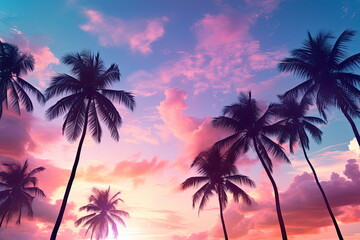 Fototapeta na wymiar Coconut Palm Tropical Trees Background in Blue Pink Sunset Colors - Vintage Style Tropical Beach and Summer Background, High Angle Shot of Exotic Paradise with Palm Tree Silhouettes