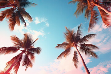 Coconut Palm Tropical Trees Background in Blue Pink Sunset Colors - Vintage Style Tropical Beach and Summer Background, High Angle Shot of Exotic Paradise with Palm Tree Silhouettes