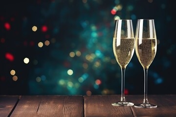 Two glasses of alcoholic champagne on a wooden podium with bokeh effect. Festive party with alcohol. Copy space. New Year.