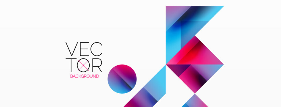 Geometric background with squares, triangles, circles. Shapes harmoniously interact, creating visually striking design for digital designs, presentations, website banners, social media posts