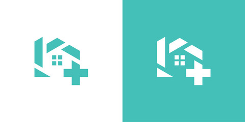 logo design combining the shape of a house with health, hospital, clinic, medical.