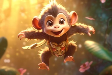 A charming baby monkey illustrated in a child-friendly animated fantasy style. Generative AI - obrazy, fototapety, plakaty