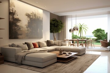 Contemporary living space, digitally recreated, showcasing a blend of style and functionality. Generative AI