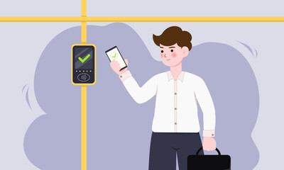 Contactless payment service for ticket vector illustration. Cartoon man passenger holding credit card, man paying in public transport. Safe cashless payment, digital system technology concept.