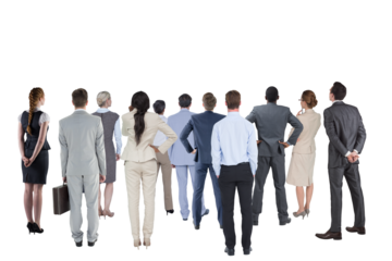 Digital png photo of back view of diverse business colleagues standing on transparent background