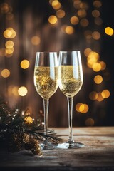 Two glasses of alcoholic champagne on a wooden podium with bokeh effect. Festive party with alcohol. Copy space. New Year.