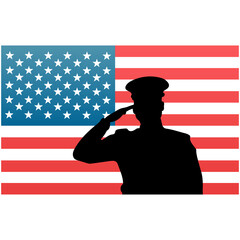 Digital png silhouette of soldier saluting against background of flag on transparent background