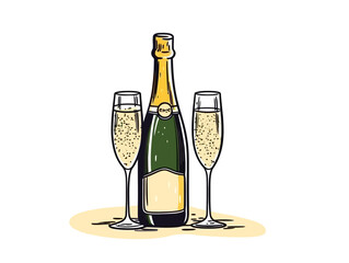 Doodle Champagne bottle with glasses, cartoon sticker, sketch, vector, Illustration, minimalistic