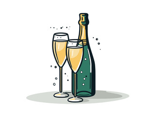 Doodle Champagne bottle with glasses, cartoon sticker, sketch, vector, Illustration, minimalistic