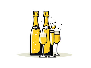 Doodle Champagne bottle with glasses, cartoon sticker, sketch, vector, Illustration, minimalistic