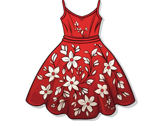 Doodle Red Dress with Floral Print, cartoon sticker, sketch, vector, Illustration, minimalistic