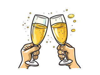 Doodle Champagne cheers, cartoon sticker, sketch, vector, Illustration, minimalistic, image pack