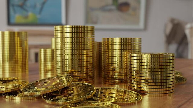 Stacks of bitcoin coins on the table