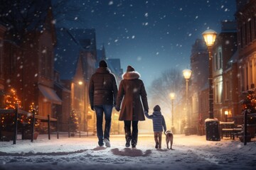 family takes an evening stroll on a snowy street, walking with a child and a dog.