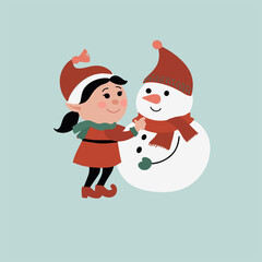 Little elf girl with snow man wearing christmas sinterklass santa claus costume winter vector illustration