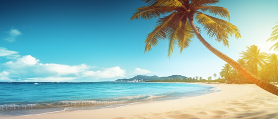 Fototapeta na wymiar Tropical beach background with a palm tree on a bright sunny day.