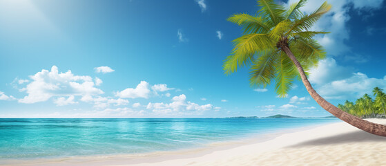 Fototapeta na wymiar Tropical beach background with a palm tree on a bright sunny day.