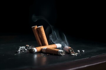 A prohibition sign, damaged cigarettes, and burnt matches close up on a dark grey background, representing the concept of quitting smoking. Generative AI