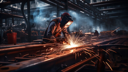 Professional welder in a factory. Heavy industry engineering.
