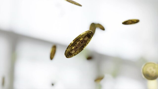 Bitcoin golden coin falling down with many others