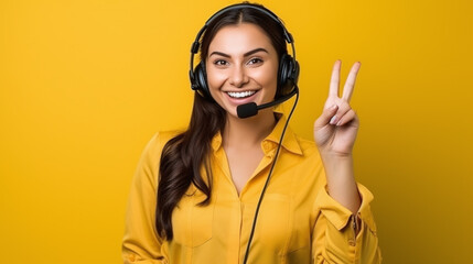 Young women telemarketer or call center agent with headset working on support hotline. Yellow background.