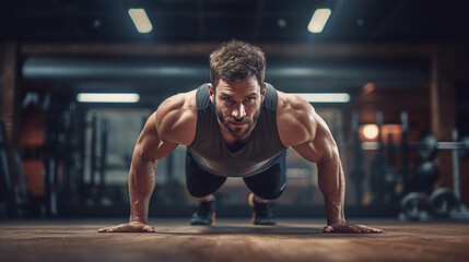 Athlete doing push up in a gym. - obrazy, fototapety, plakaty