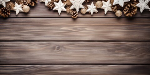 Christmas decorated wooden background with copy space, banner, poster. Generative AI