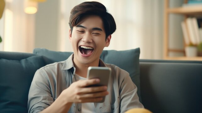 Happy Asian man looking at mobile phone in living room at home.